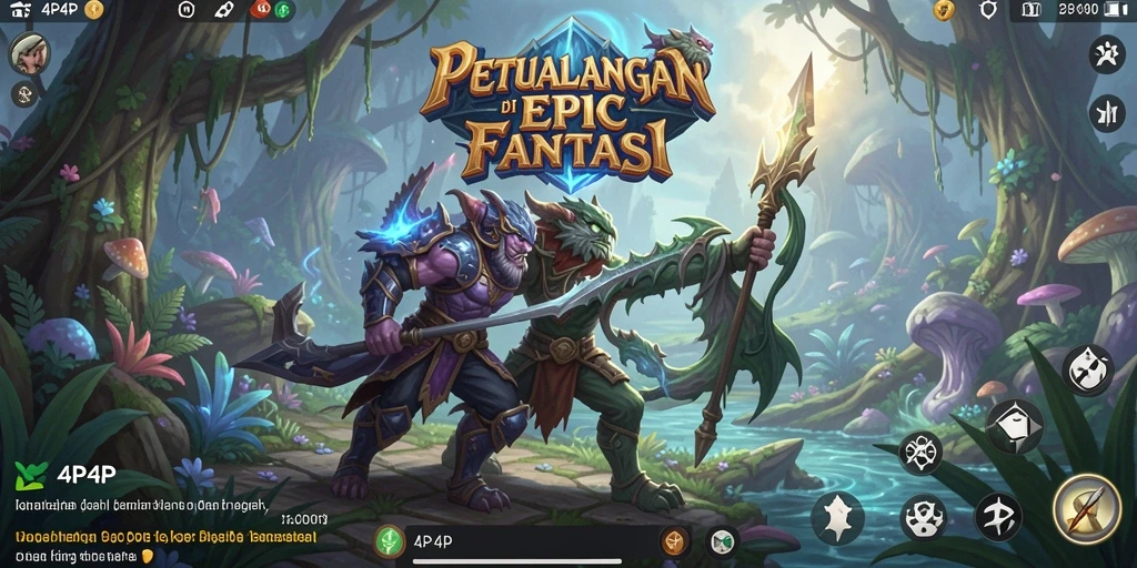 Screenshot gameplay 4P4P yang menunjukkan pertempuran epik dan eksplorasi dunia.