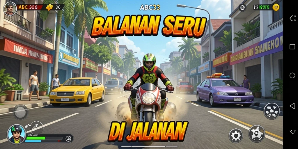 Tampilan gameplay ABC33 yang mendebarkan saat balapan berlangsung.