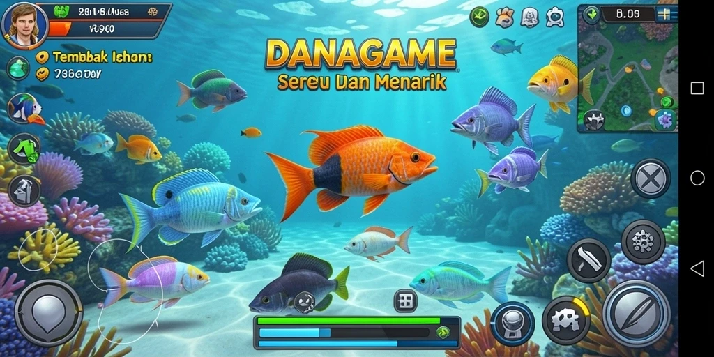 Gameplay seru di DANAGAME dengan menembak ikan berwarna-warni.
