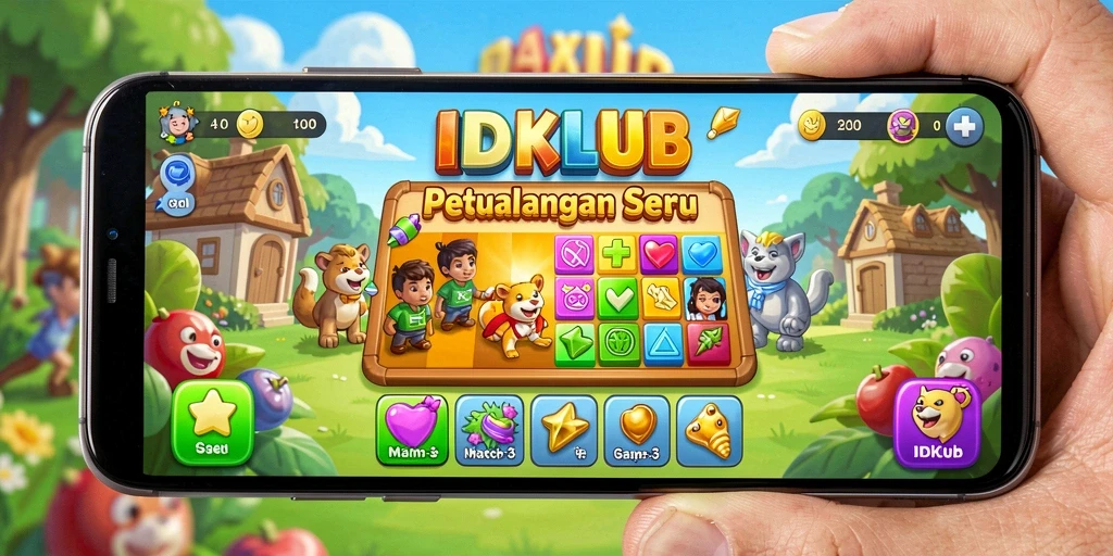Tampilan gameplay seru game Match-3 IDKLUB dengan berbagai level menantang.