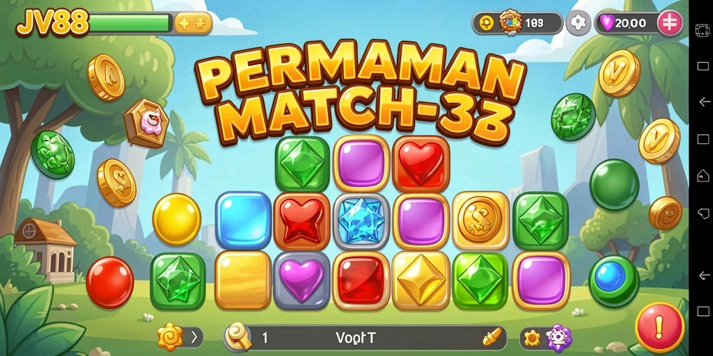 Tampilan menarik dari gameplay Match-3 JV88 dengan berbagai permata berwarna.