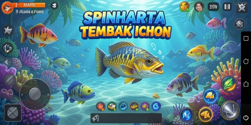 Tampilan screenshot utama SPINHARTA dengan aksi menangkap ikan yang seru.